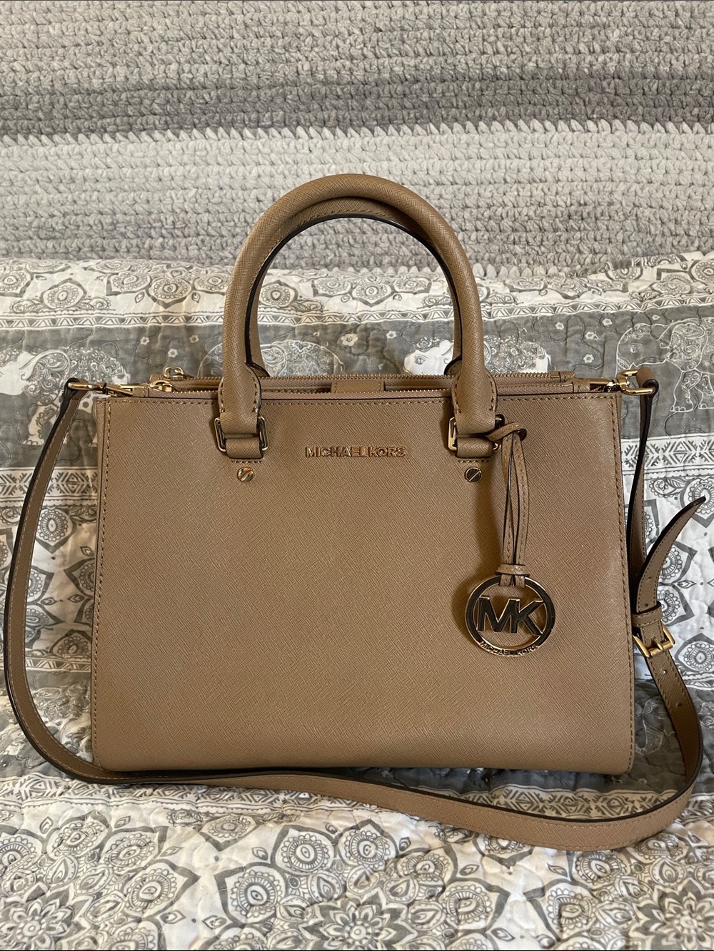 Michael Kors Taupe Saffiano Satchel with Gold Hardware